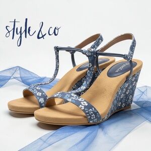 Style & Co. Blue Floral MULAN Wedge Sandals in HTF 8.5 Wide NEW IN BOX!